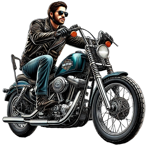 cartoon of man riding harley